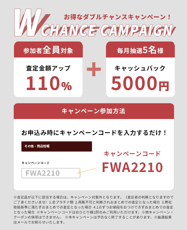 お得なダブルチャンスキャンペーン!CHANCE CAMPAIGN 参加者全員対象 査定金額アップ110%+毎月抽選5名様 キャッシュバック5000円